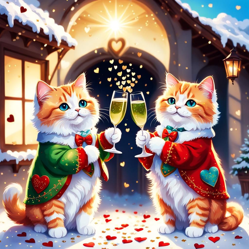a postcard congratulating to coming Saint Valinetine day in bright colours. 2 fluffy cats in festive clothes hold sparkl...