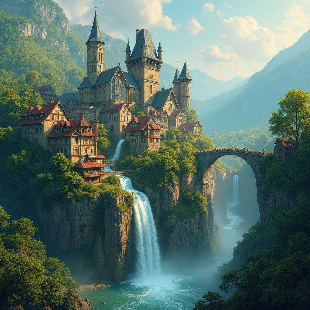 Mystical Medieval Town with Cathedral and Waterfall