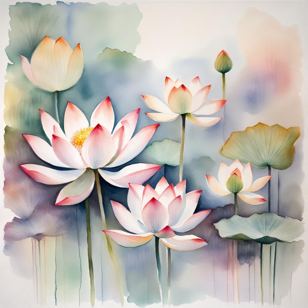 Impressionistic Watercolor Lotus Flowers in Pastel Colors