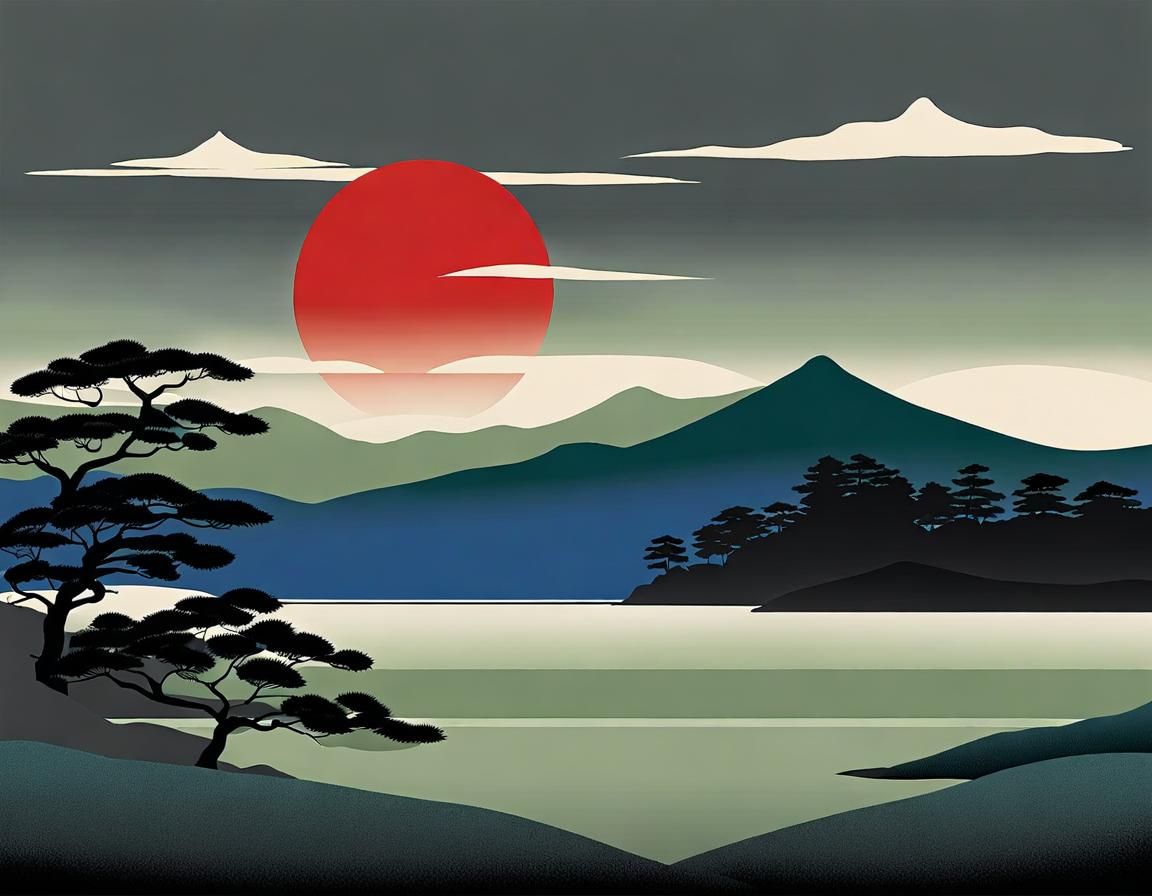 Minimalist Lake Landscape in Ukiyo-e Style
