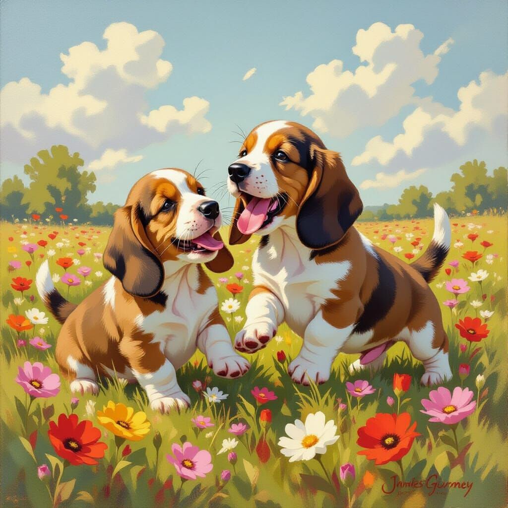 Basset Hound Puppies Play: An Oil Painting