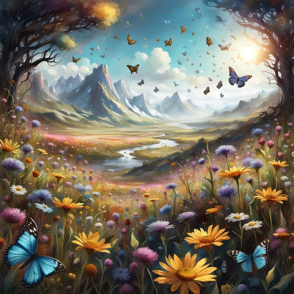 Sunlit Wildflower Meadow Inspired by Pre-Raphaelite Art