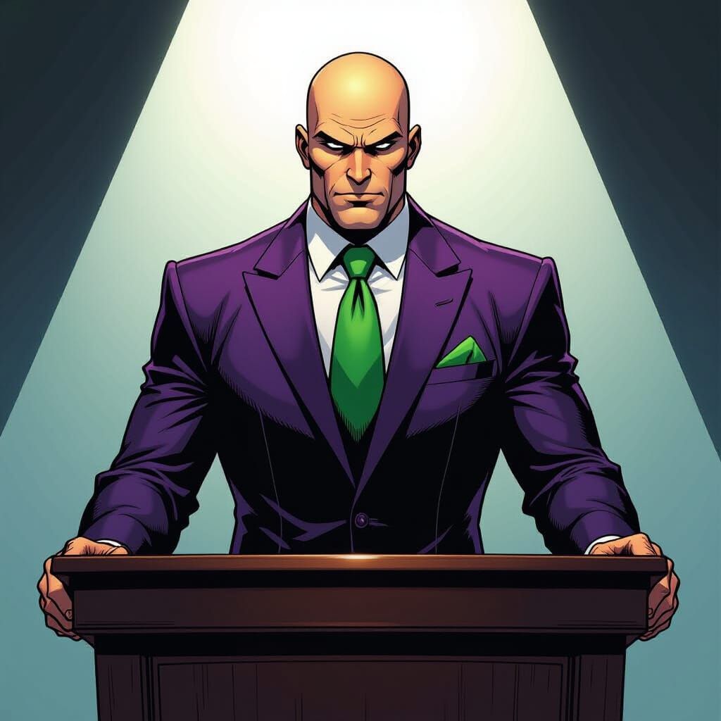 Lex Luthor in Purple Suit at Podium, Comic Art Style