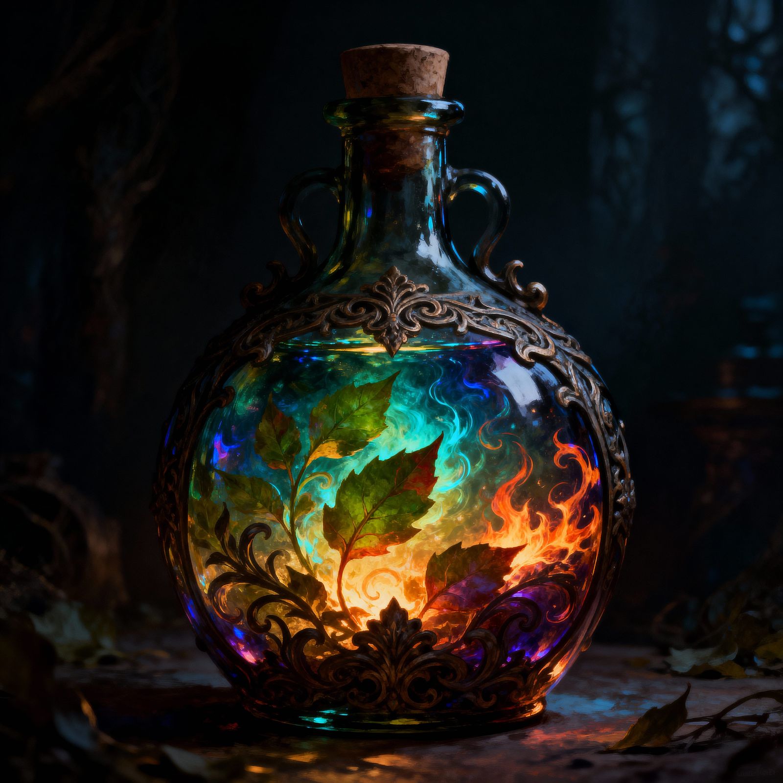 Mysterious Iridescent Wine Bottle with Fiery Motifs