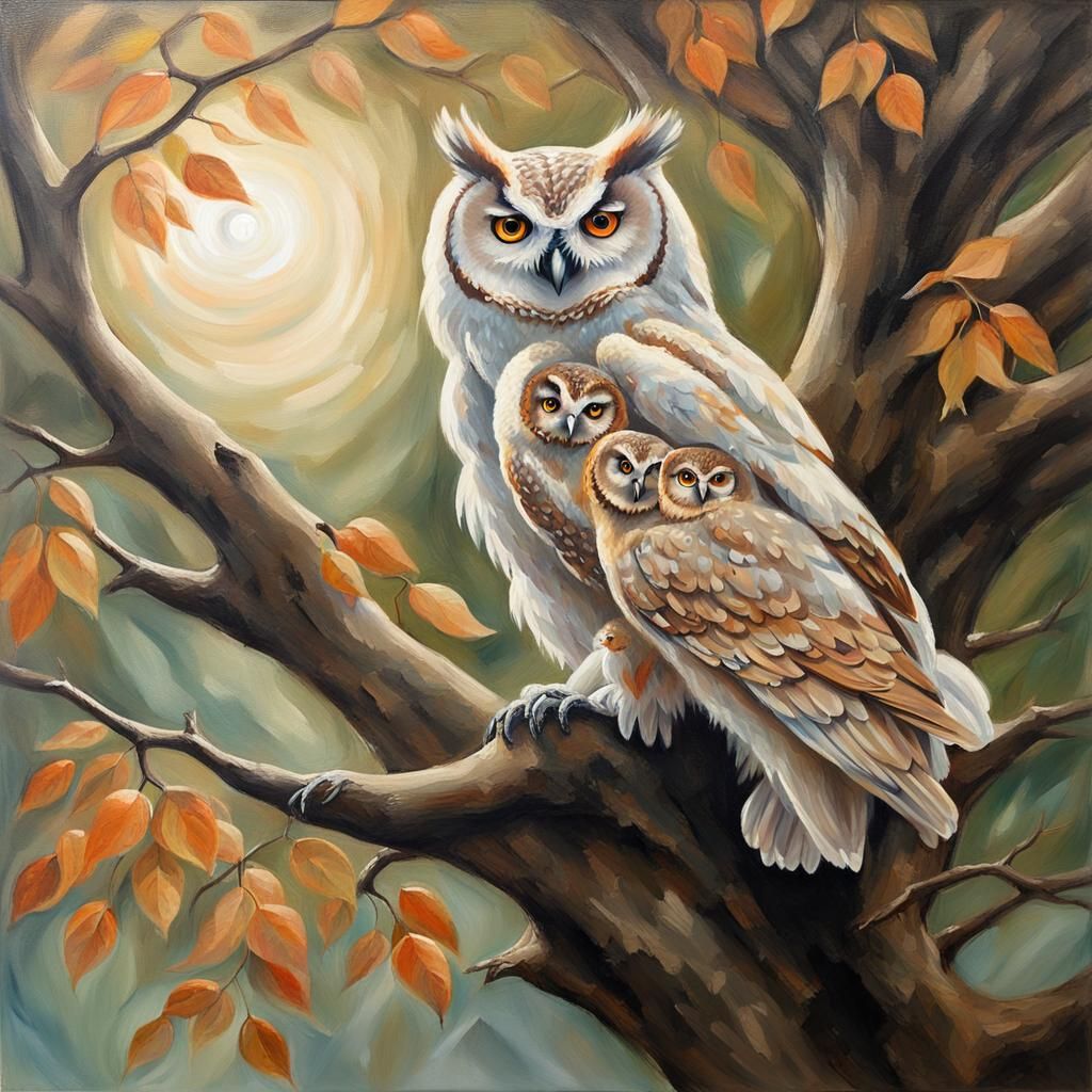 Owl Family in Tree: Rembrandt-Inspired Oil Painting