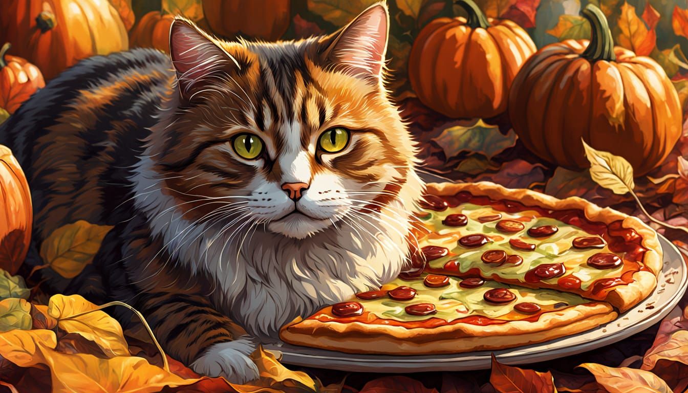 Cat Enjoying Pizza in Autumn Comic Art