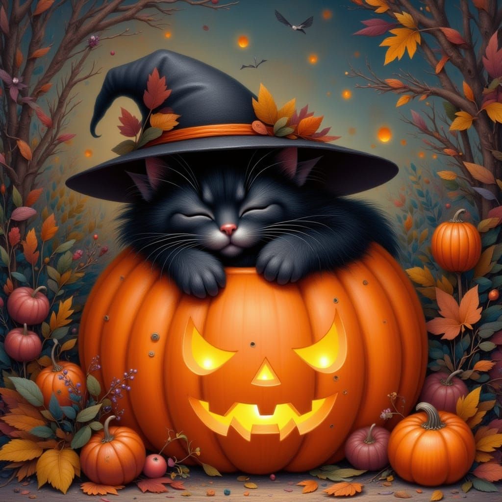 lovely Witch Kitty sleeping inside pumpkin