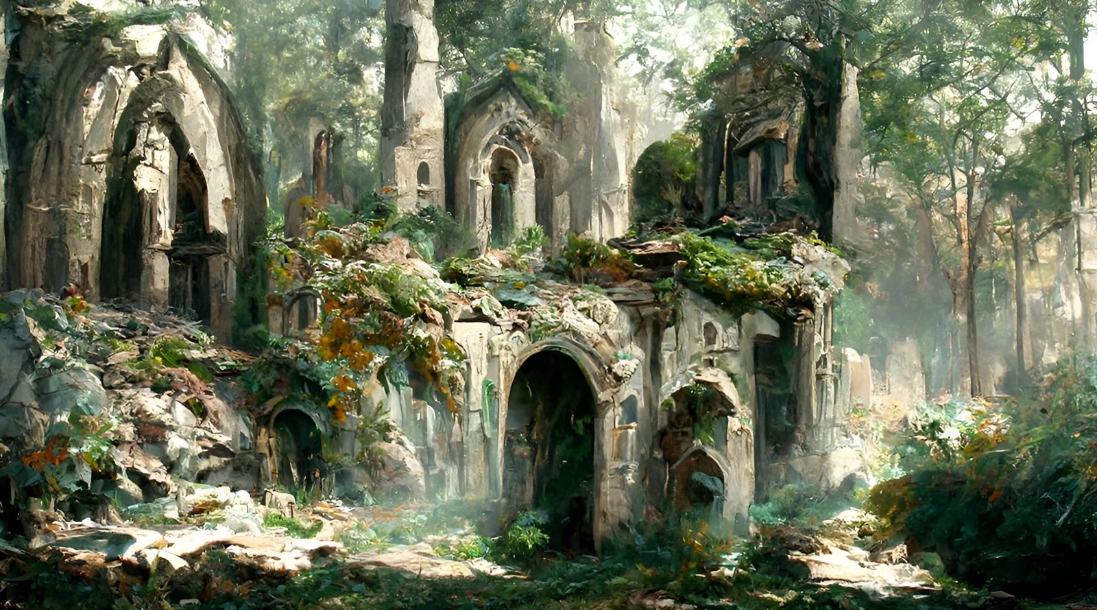 Moss-Covered Ruins at Night as Oil Painting