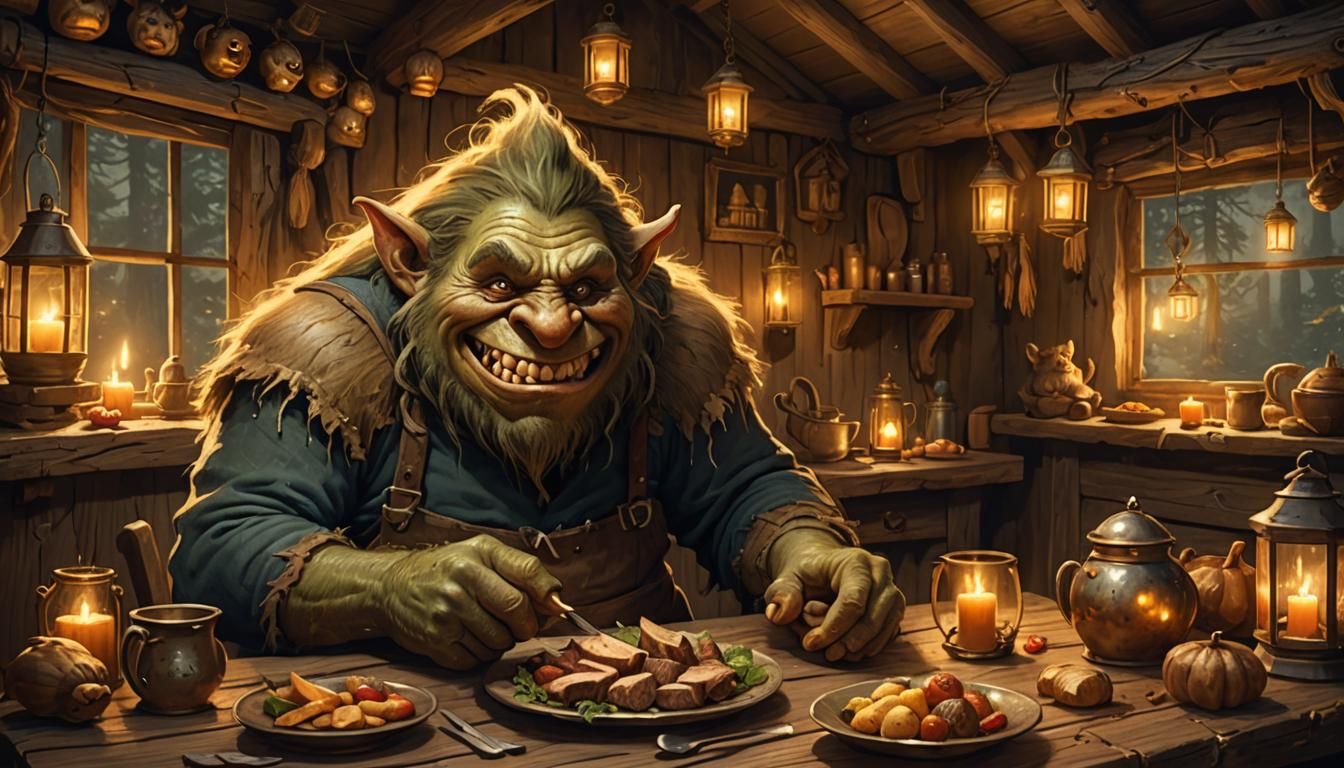 Cozy Troll Feast in Dimly Lit Cabin