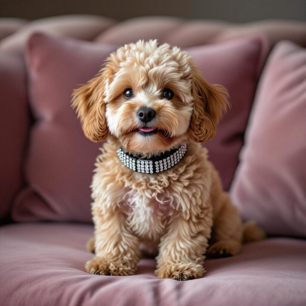 Tiny Cockapoo Dog Sparkles With Joy on Pink Sofa