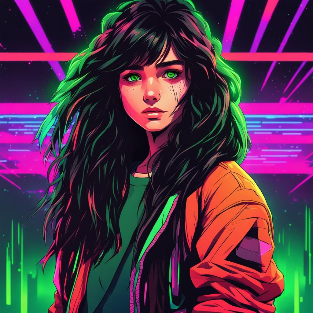 Teenage Girl Portrait in Synthwave Neon Style
