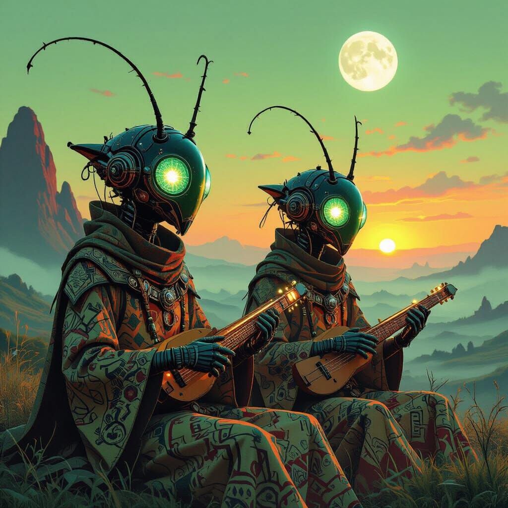 Alien Musicians in Sunrise Landscape