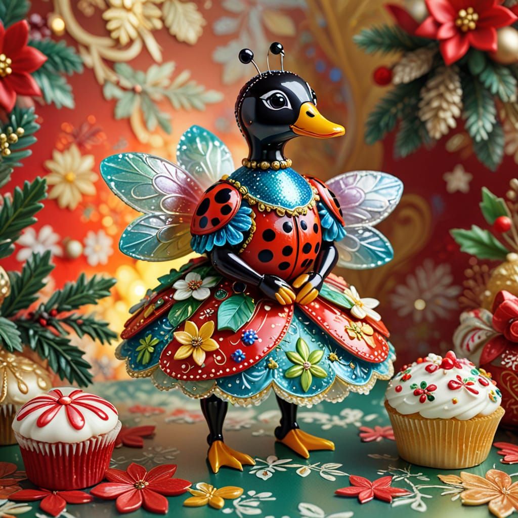 Festive Ladybug in Ornate Christmas Dress with Duck
