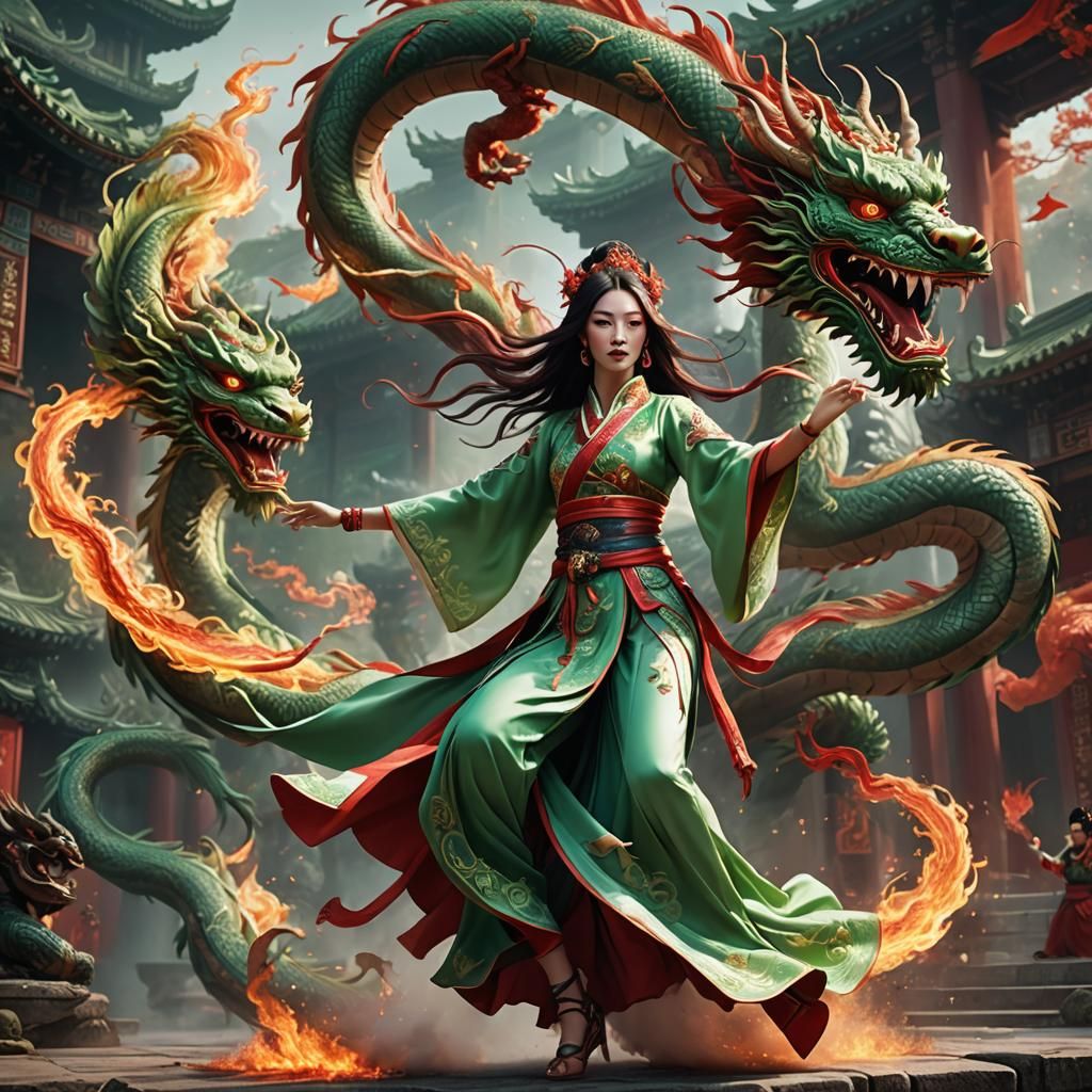 Princess Xianxia dancer in light green and scarlet. Dancing with chinese dragon.