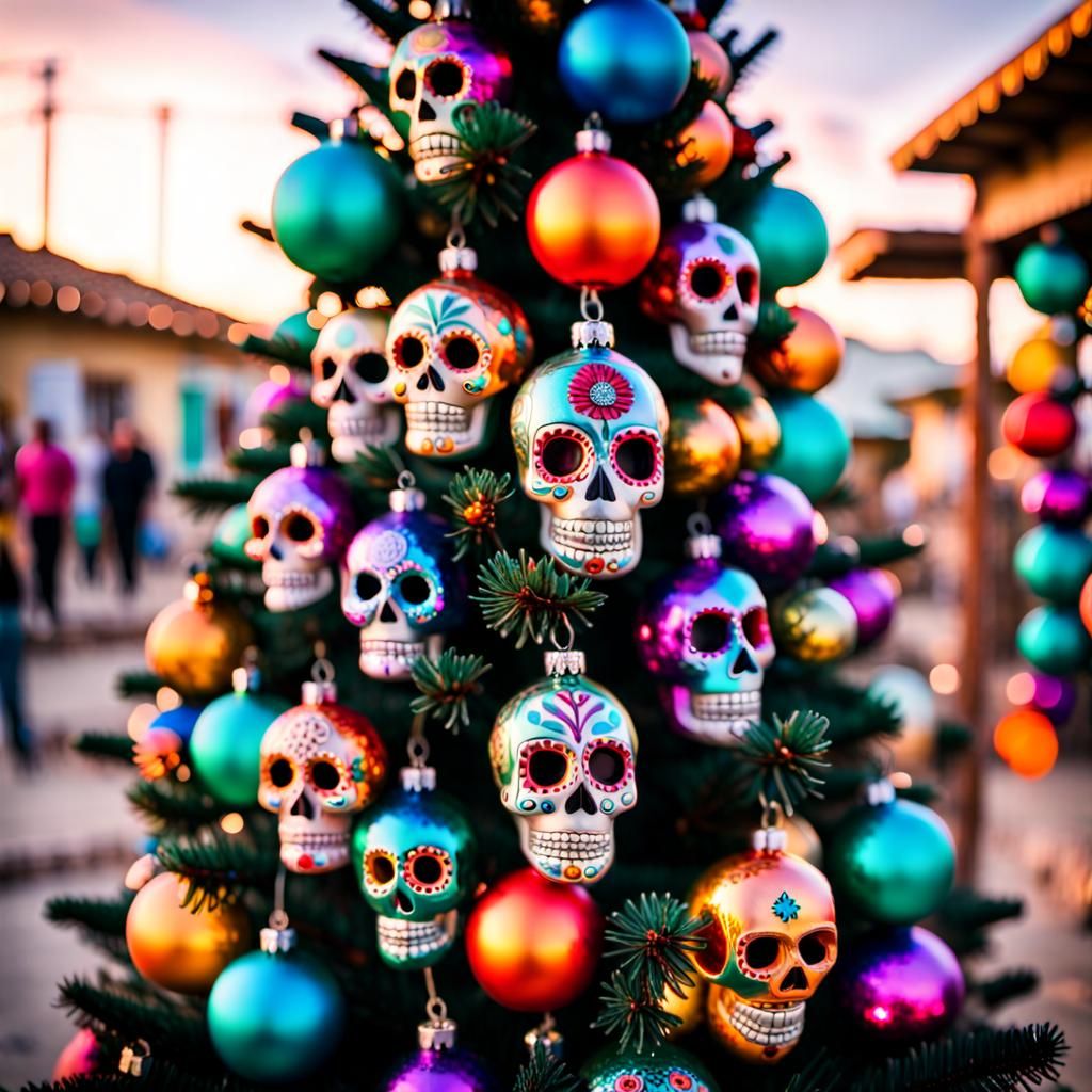 Dia de Los Muertos Christmas Tree in Mexican Town