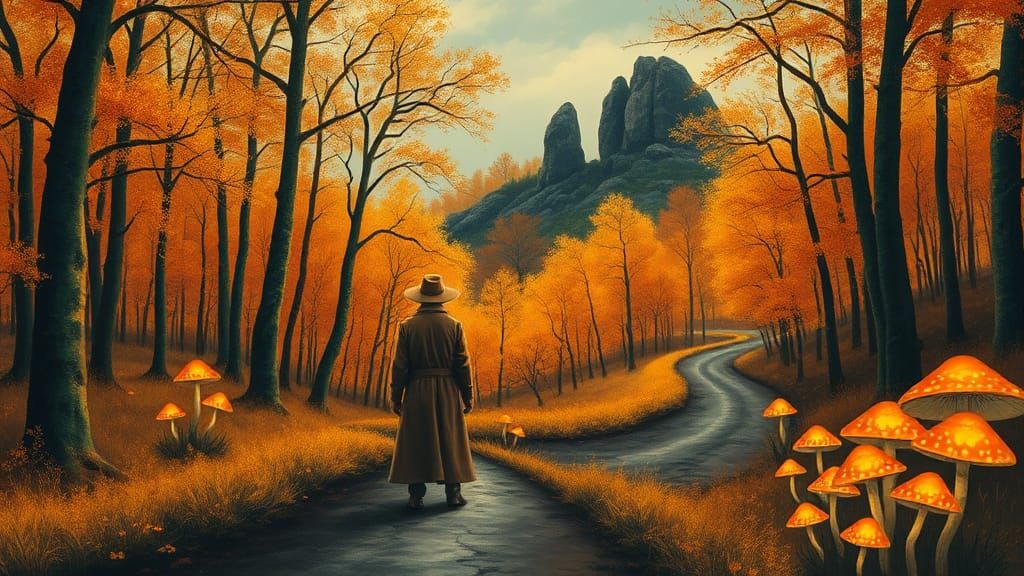 Traveler at Forest Crossroads in Mystical Style