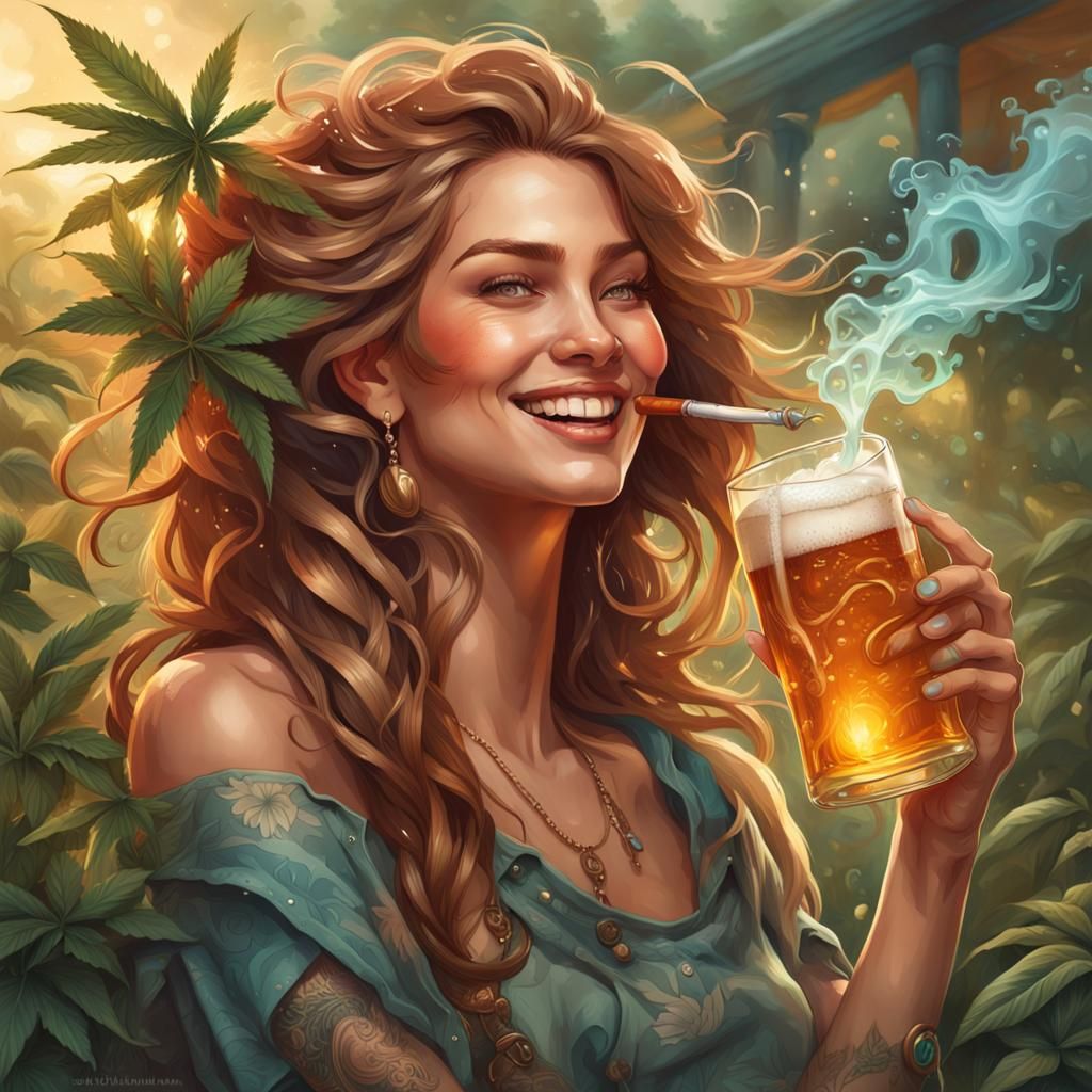 Smiling Woman with Pipe in Garden, Splash Art