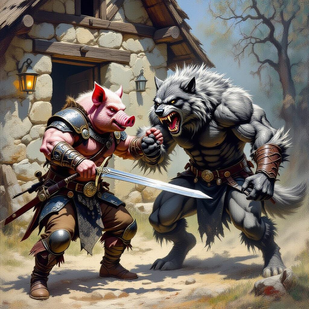Pig Warrior Battles Werewolf in Fantasy Art Style