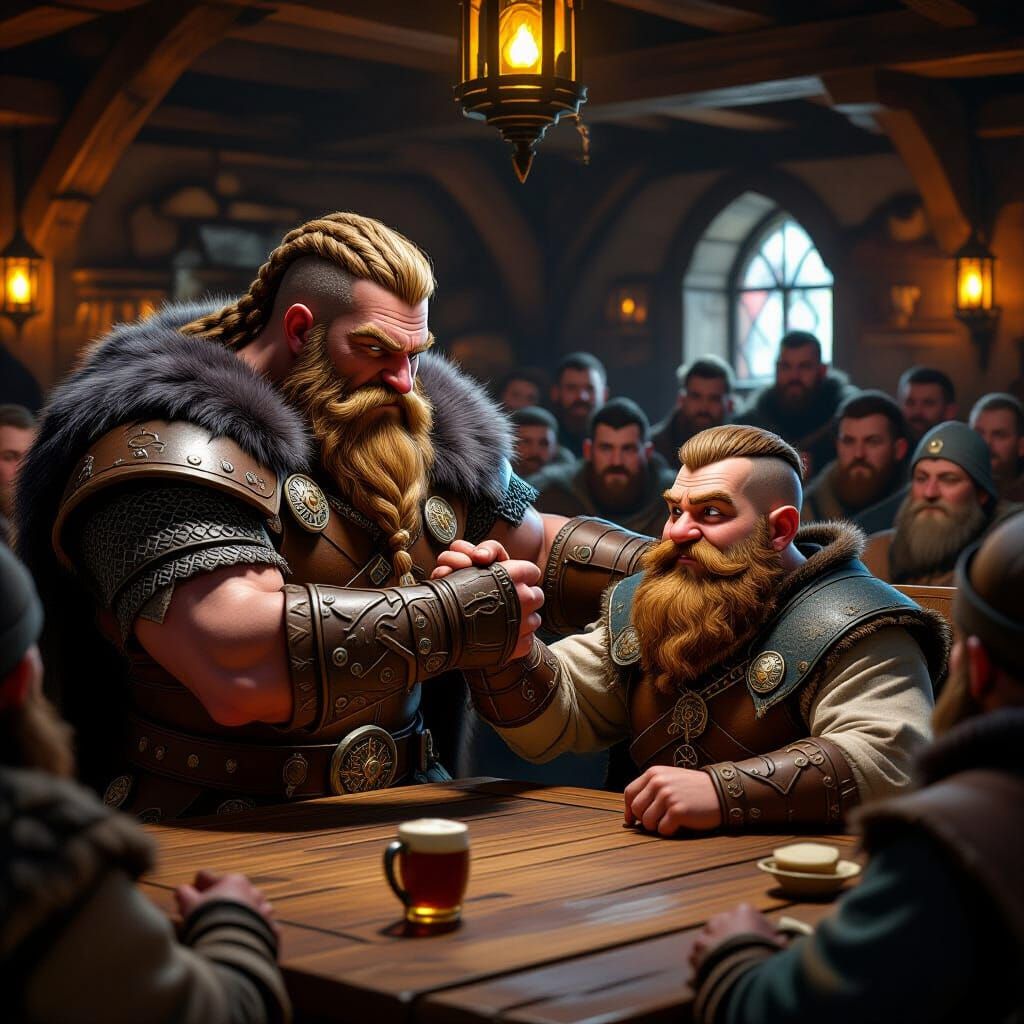 Viking and Dwarf Arm Wrestling in Anime Style