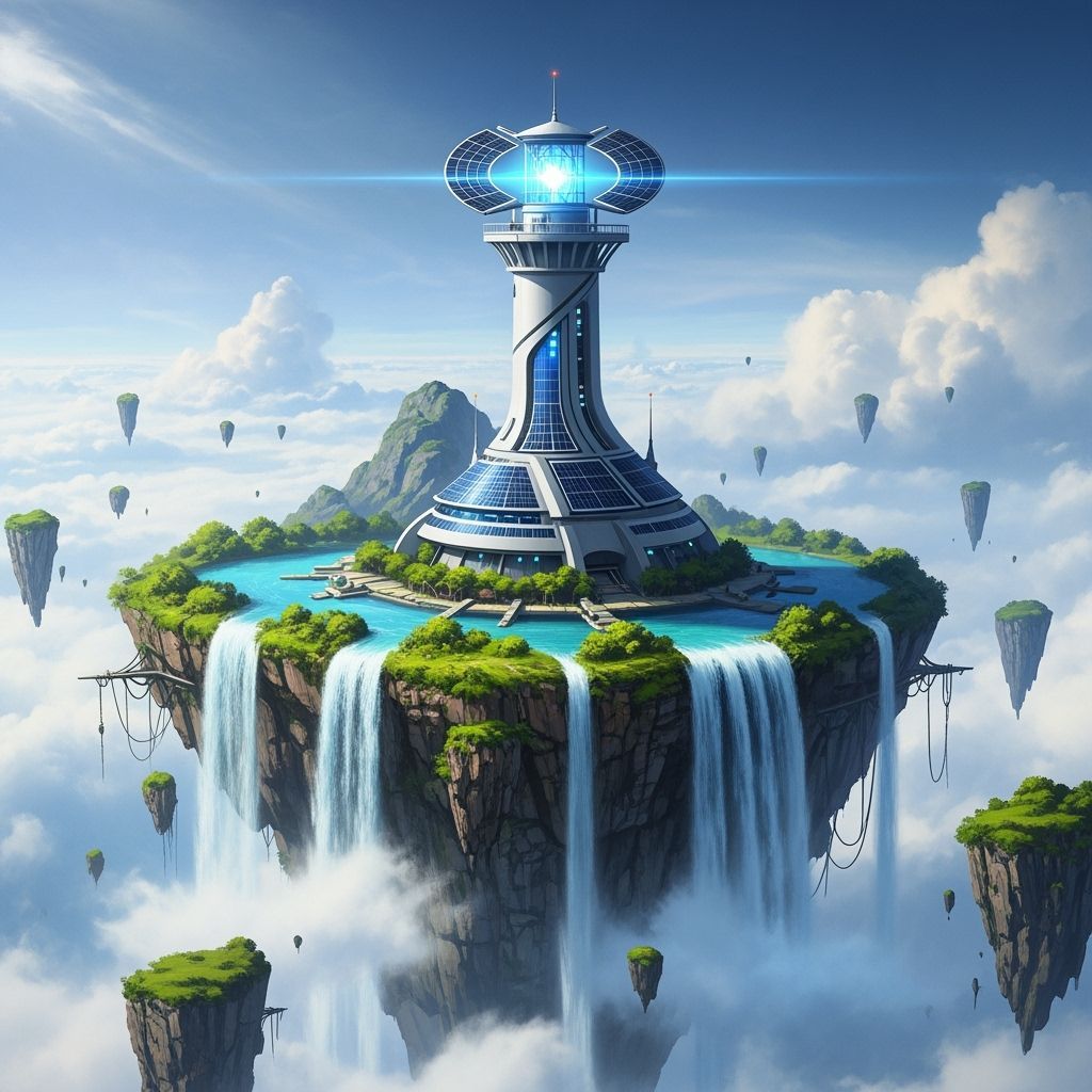 Futuristic Solar Lighthouse on Floating Island in the Clouds