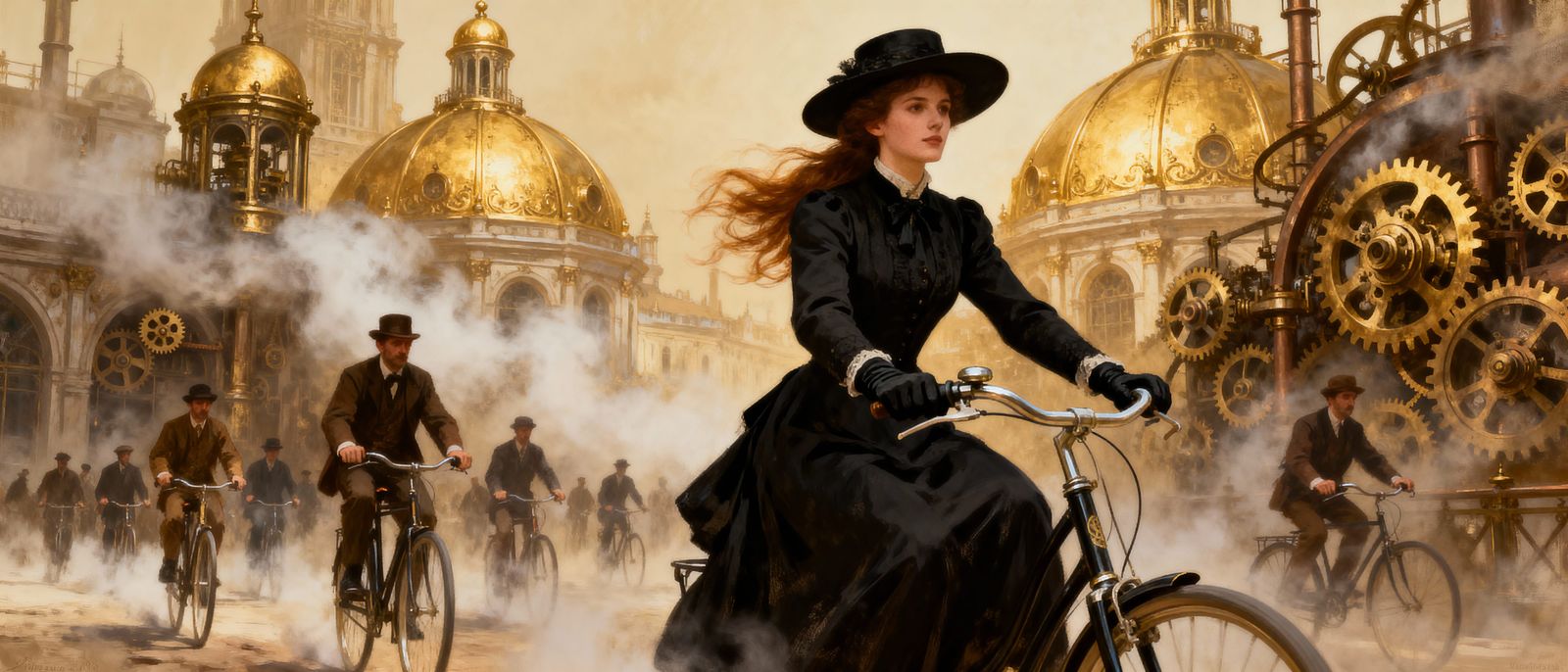 Steampunk City Woman Riding Bicycle in Golden Haze