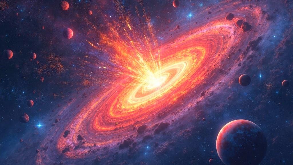 Galactic Explosion in Vibrant Colors, with Stars, Planets, a...