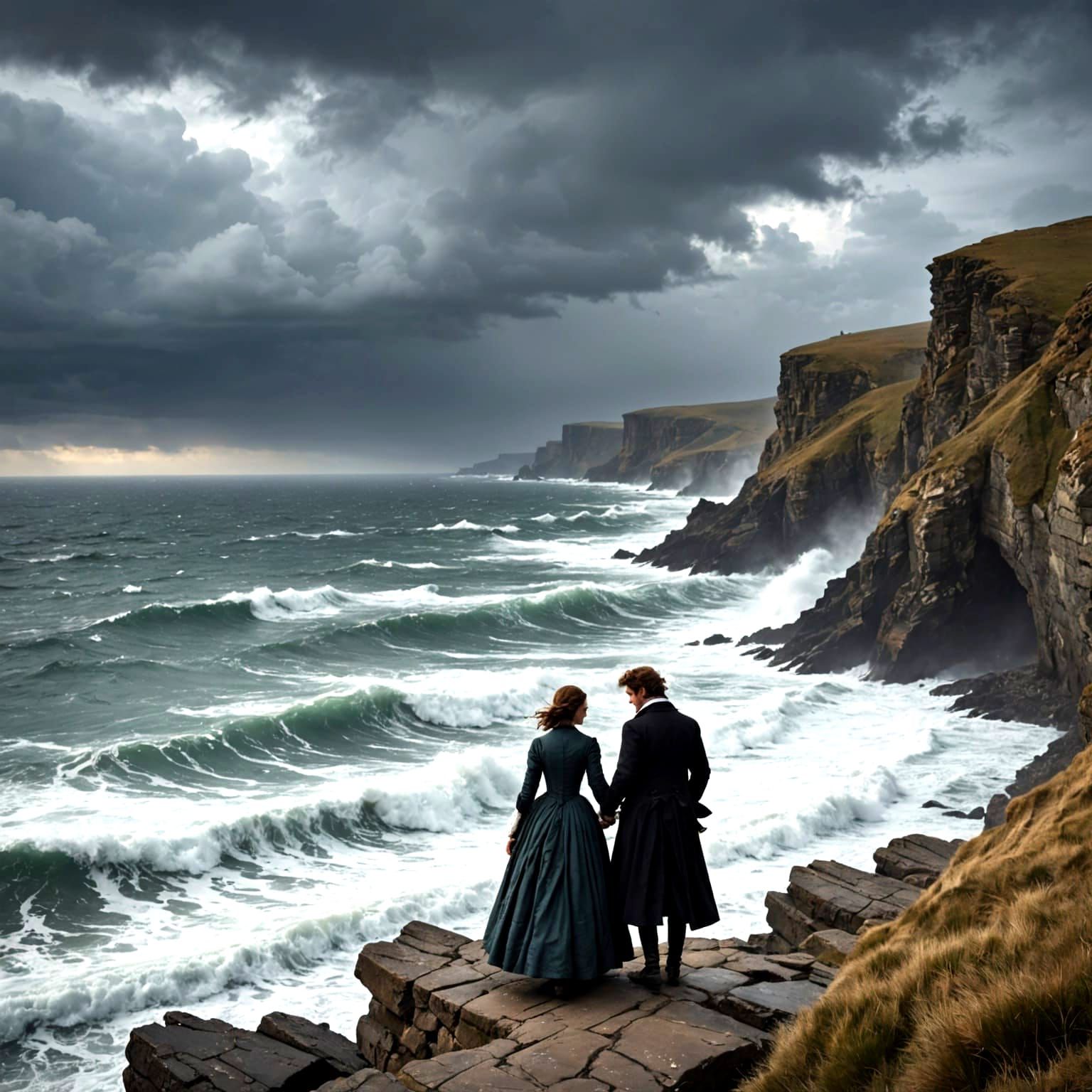 18th Century Lovers Embrace on Stormy Coastline