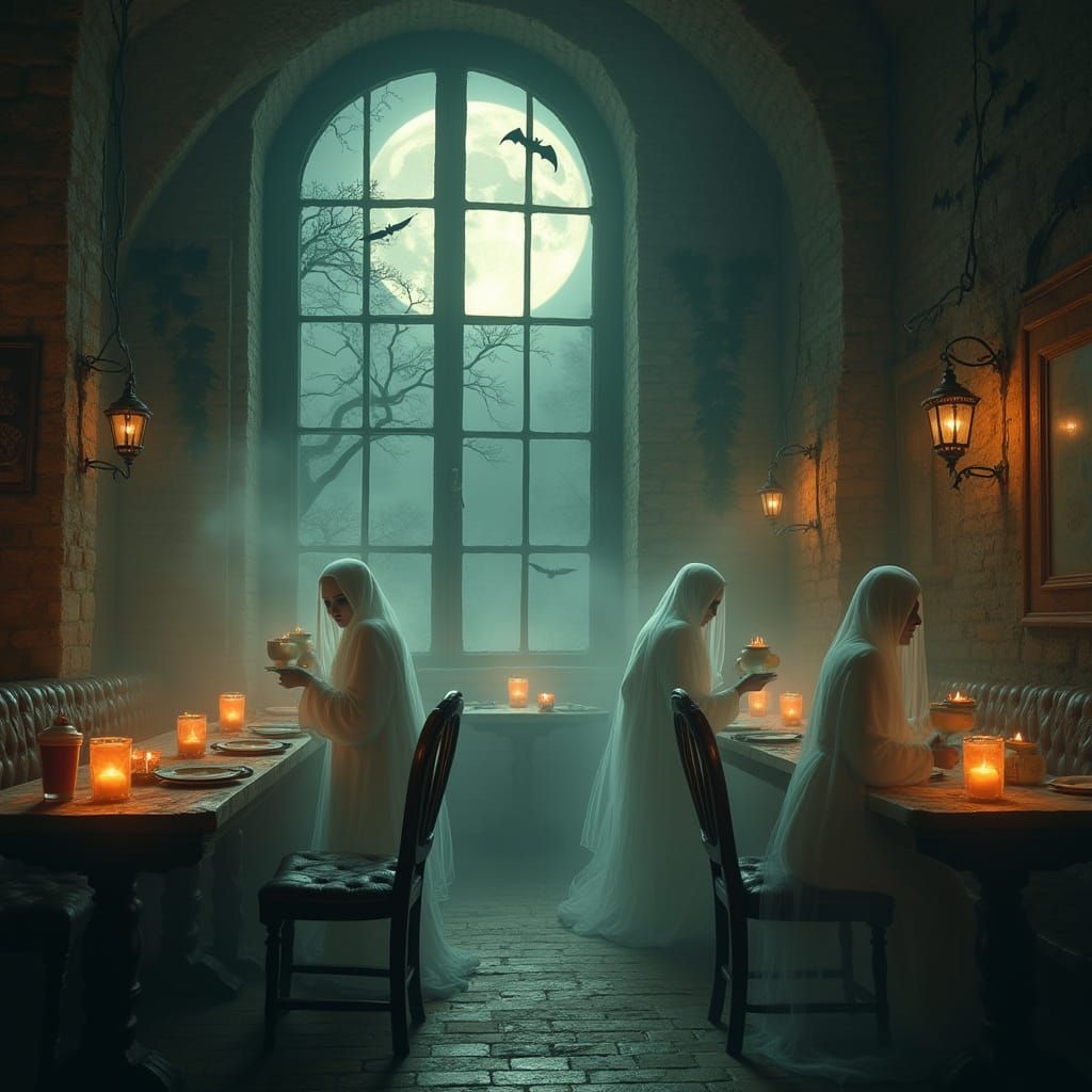 Ethereal Ghost Café Under Spectral Moonlight