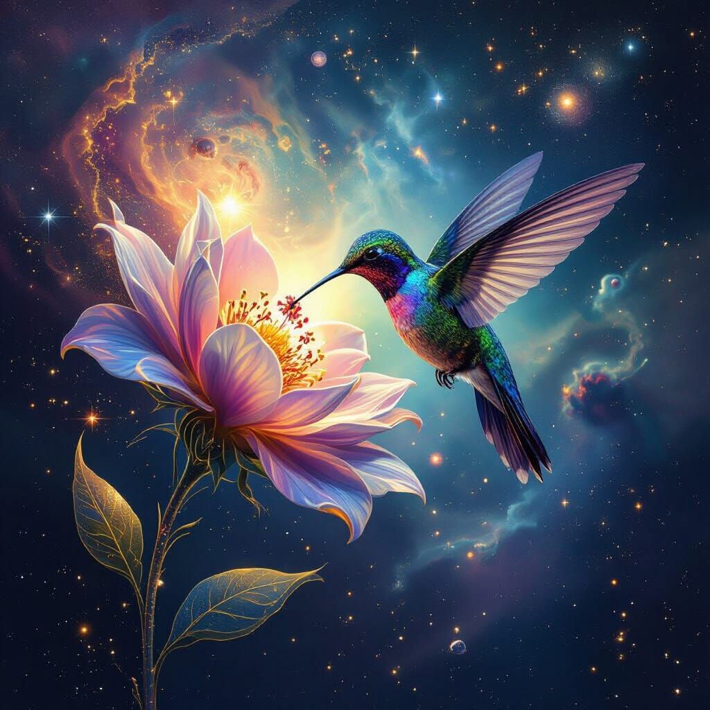 Celestial Hummingbird Sipping Nectar From Cosmic Flower
