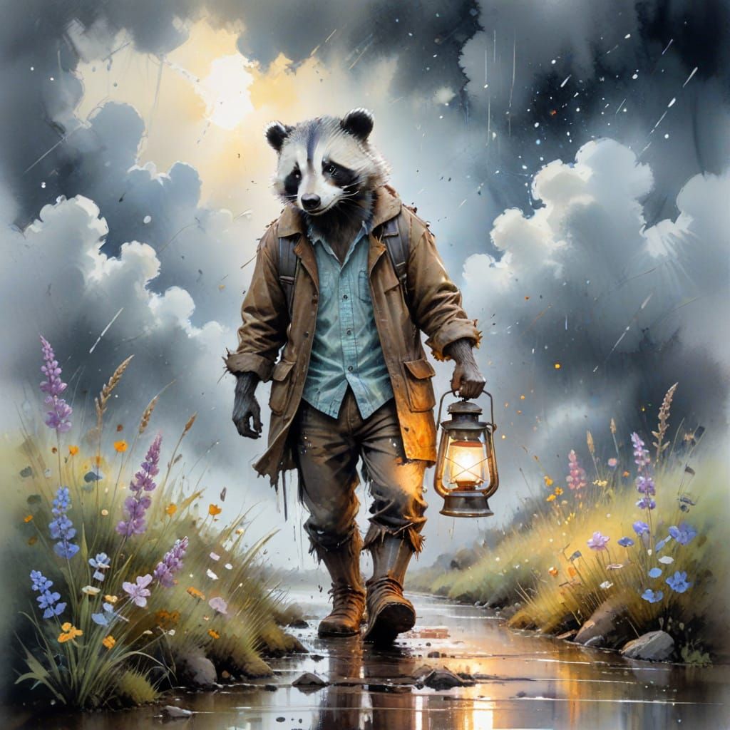 Whimsical Badger with Lantern Walks to Cloud Bridge in Water...