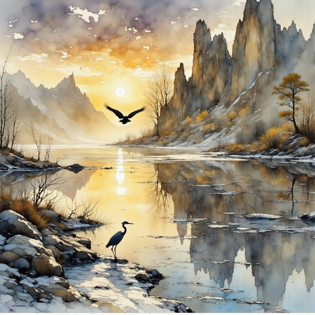 Heron in Flight Over Frozen Sunrise Landscape
