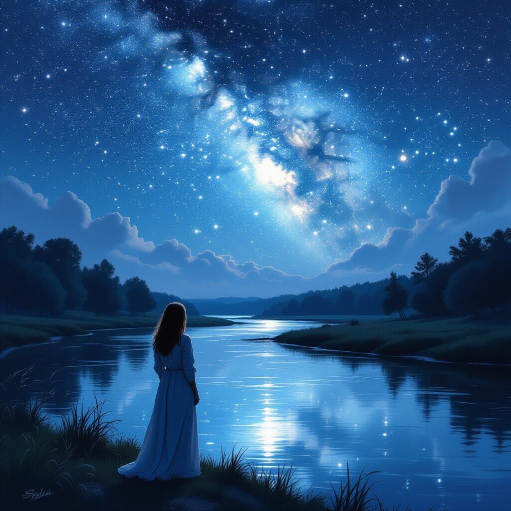 Woman Gazing at Starry Reflection: Charcoal Art