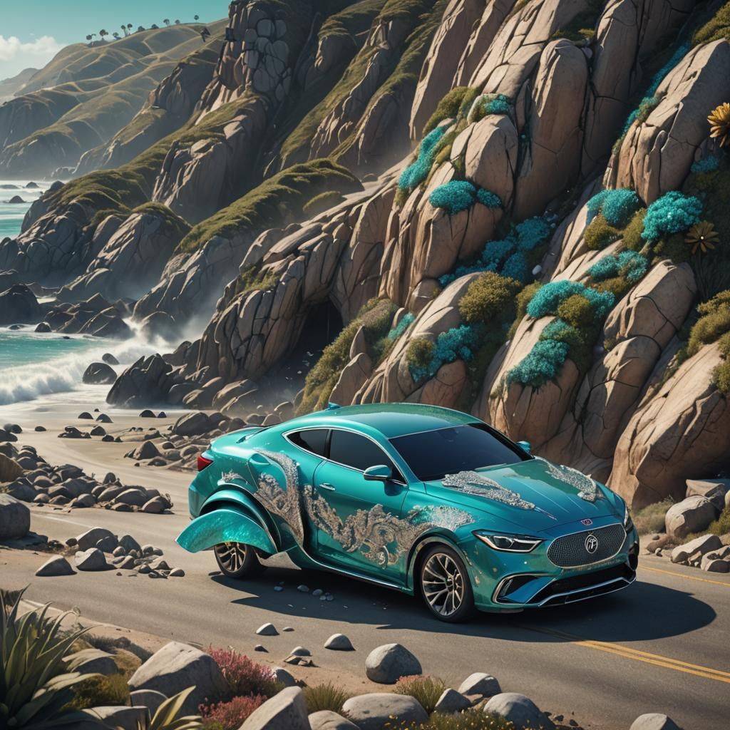 Turquoise and Silver Car on the PCH: Matte Painting