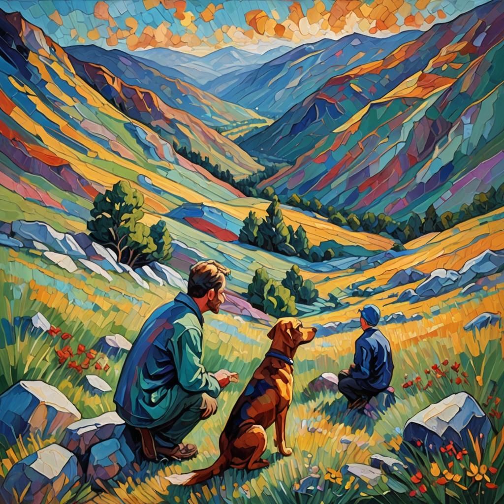 Man and Dog in Mountain Neo-Impressionist Painting