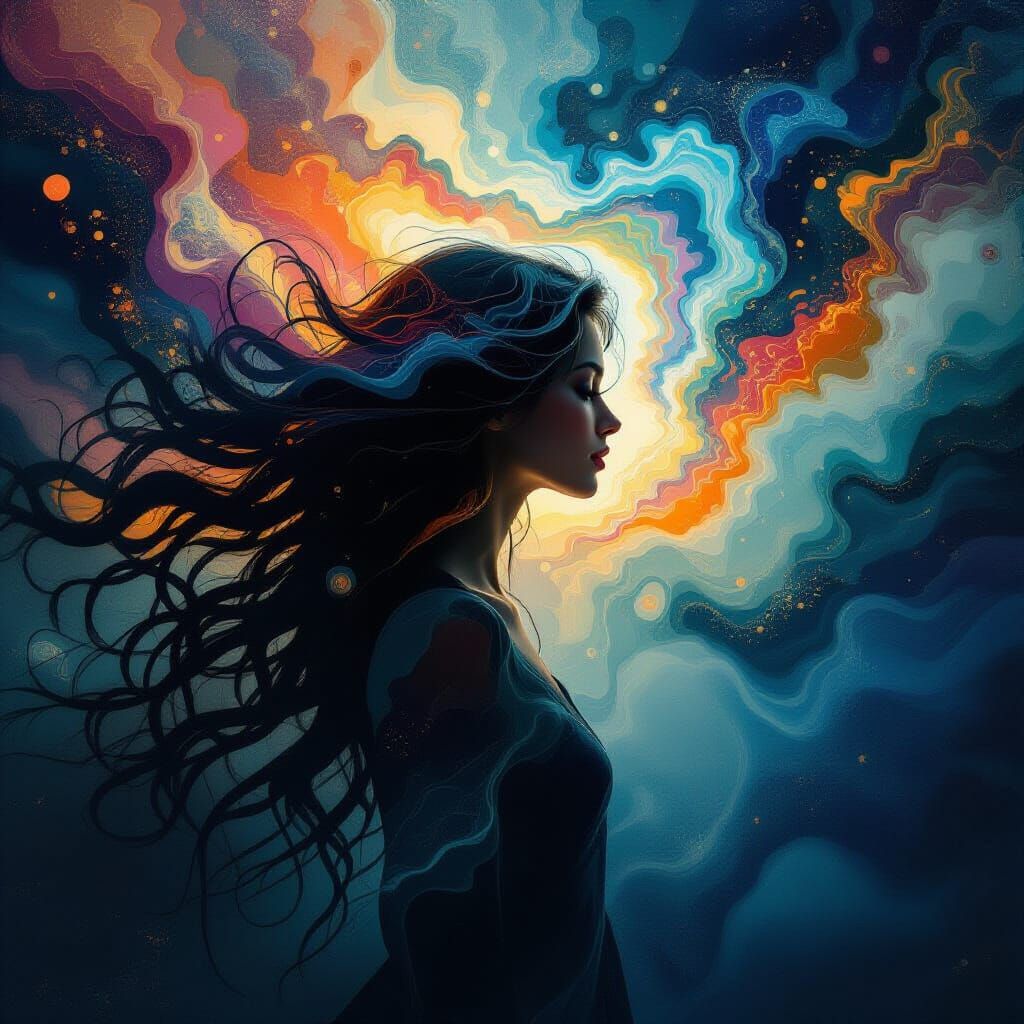Woman's Silhouette with Fractal Hair and Radiant Colors
