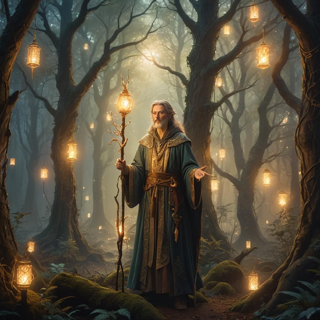 Mystical Mage in Forest: Fantasy Art