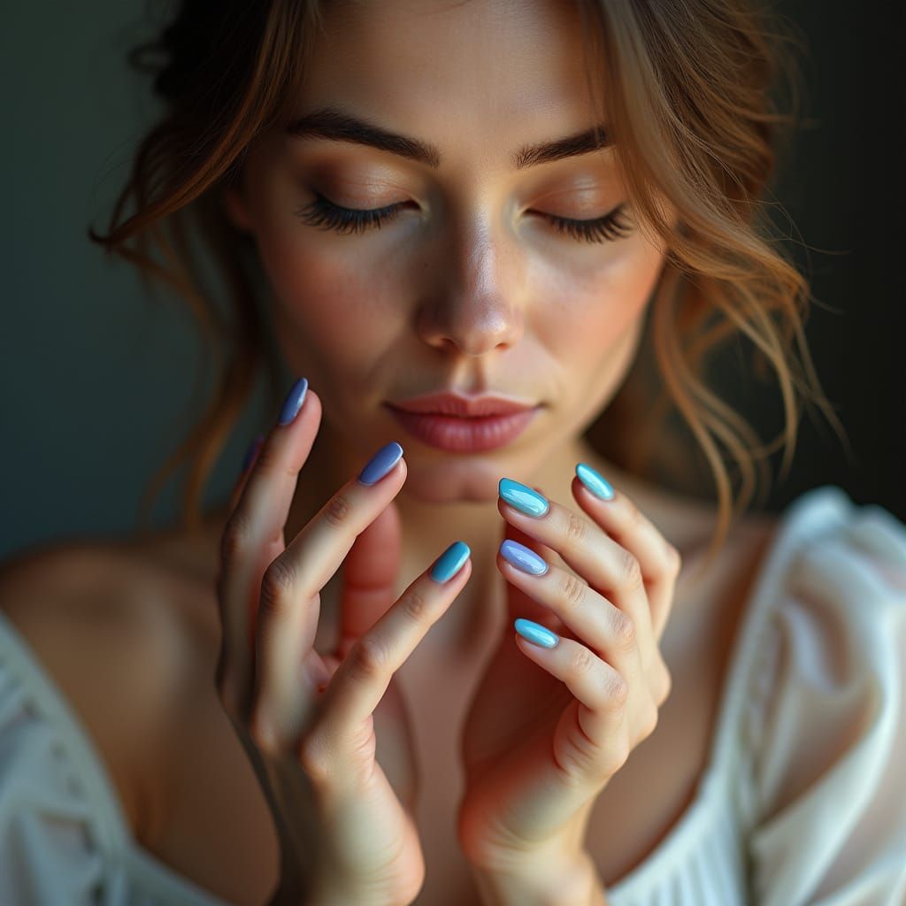 Elegant Woman Admires Delicate Nail Art