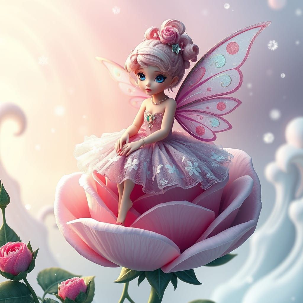 Whimsical Fairy Sits on a Pink Rose in a Candy-Coated Wonder...