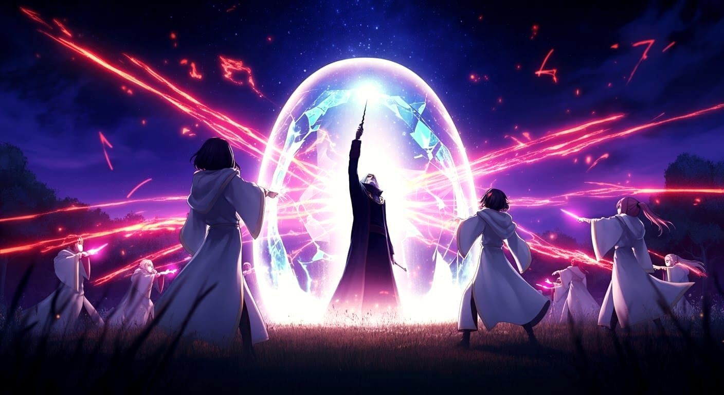 Dark Wizard Protected by Magic Bubble in Anime Style