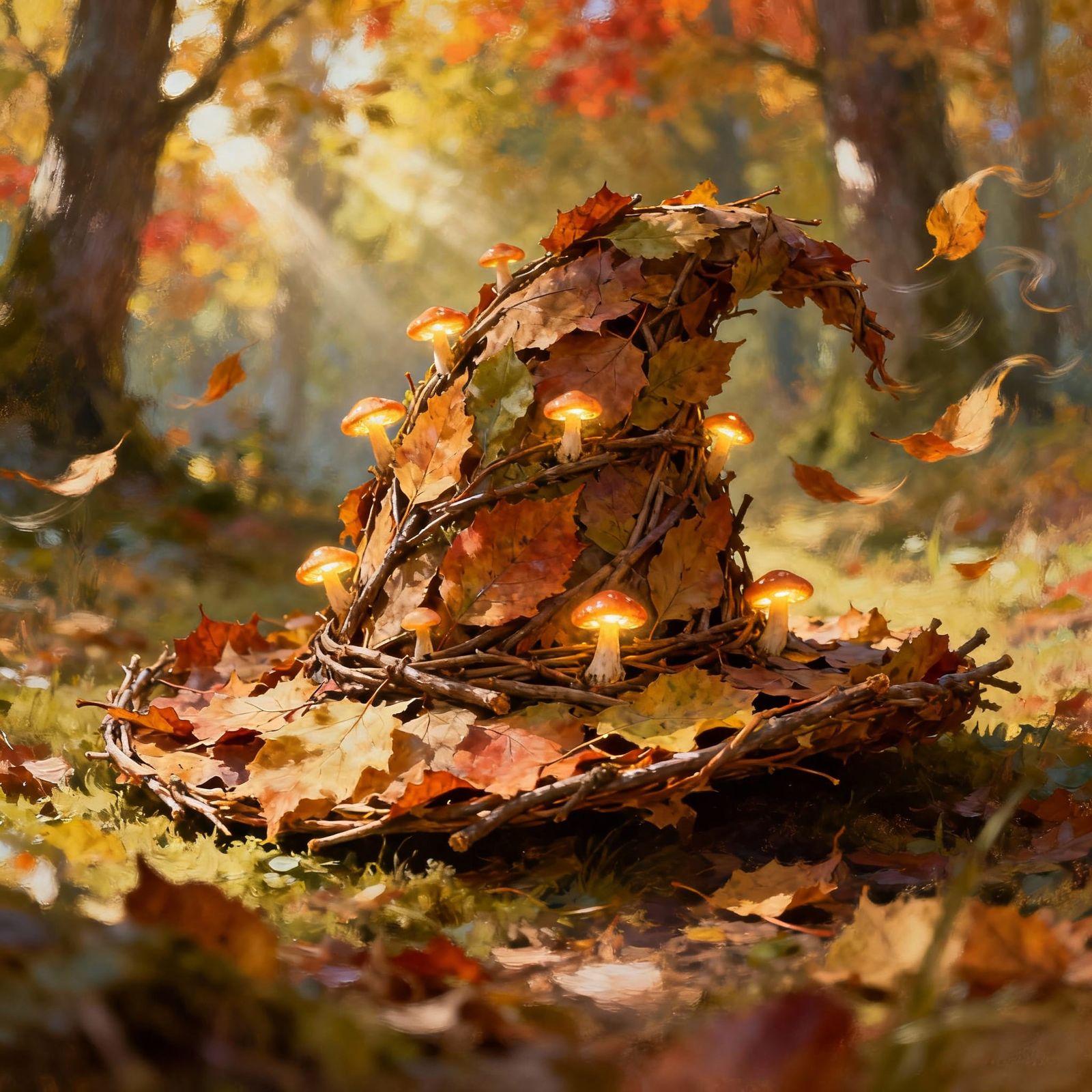Whimsical Autumn Leaf Hat with Glowing Mushrooms