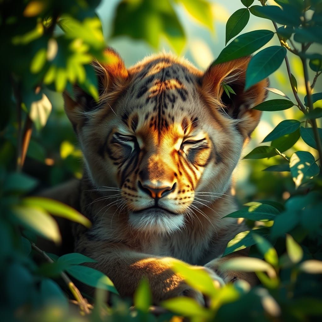 Peaceful Lion Cub in Vibrant, Dreamlike Landscape