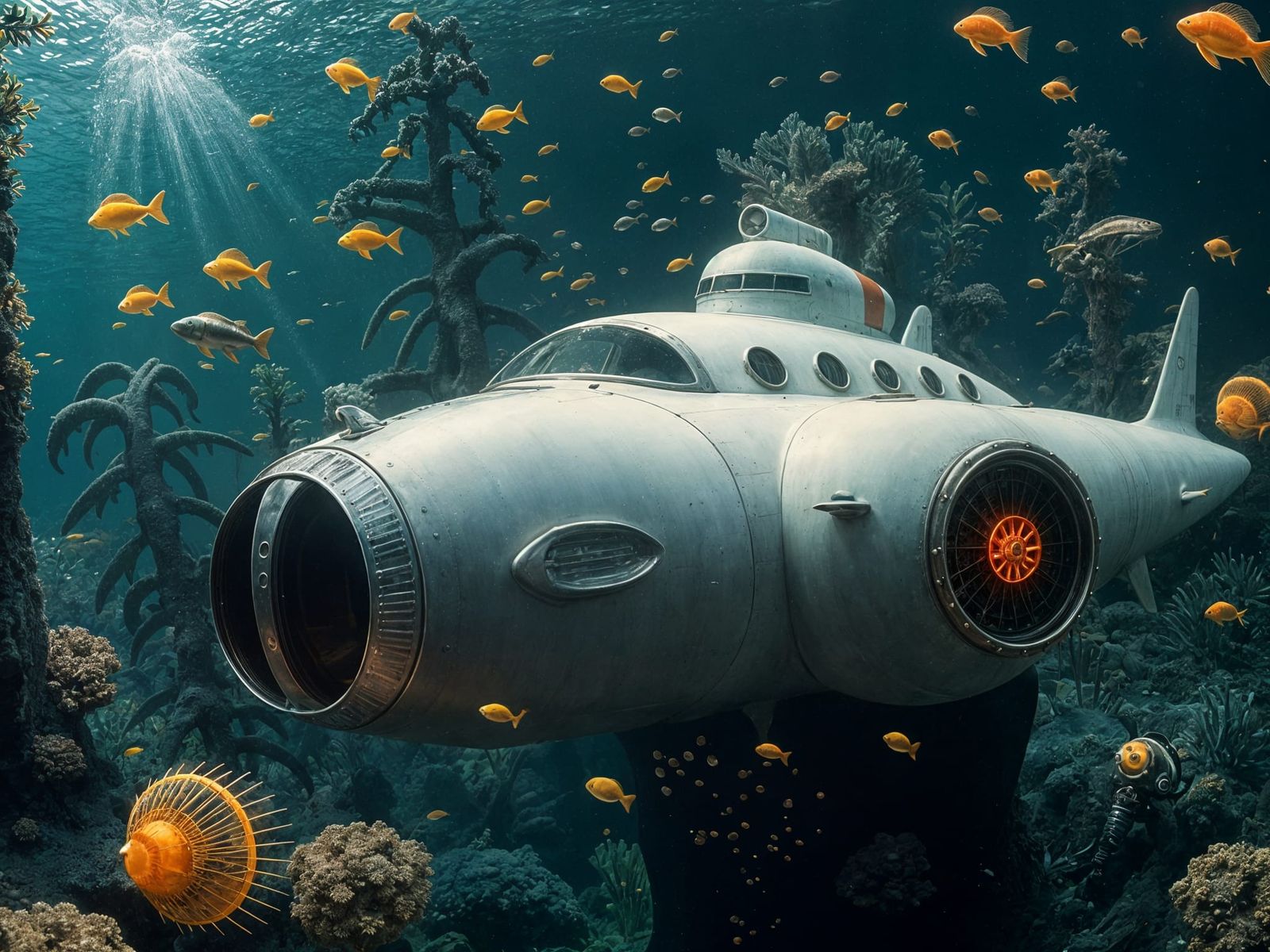 Vintage Steampunk Submarine Zips Through Dark Ocean Depths