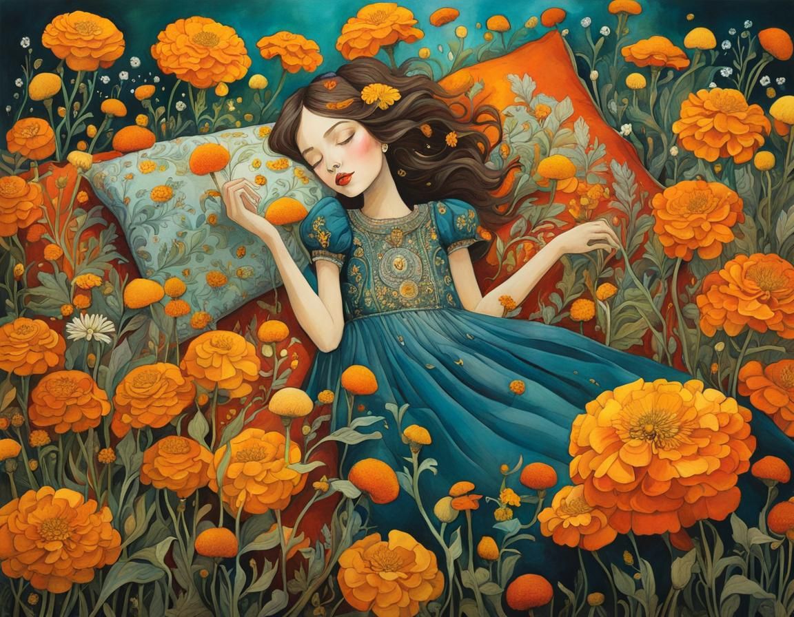 Whimsical Marigold Scene in Alcohol Ink Style