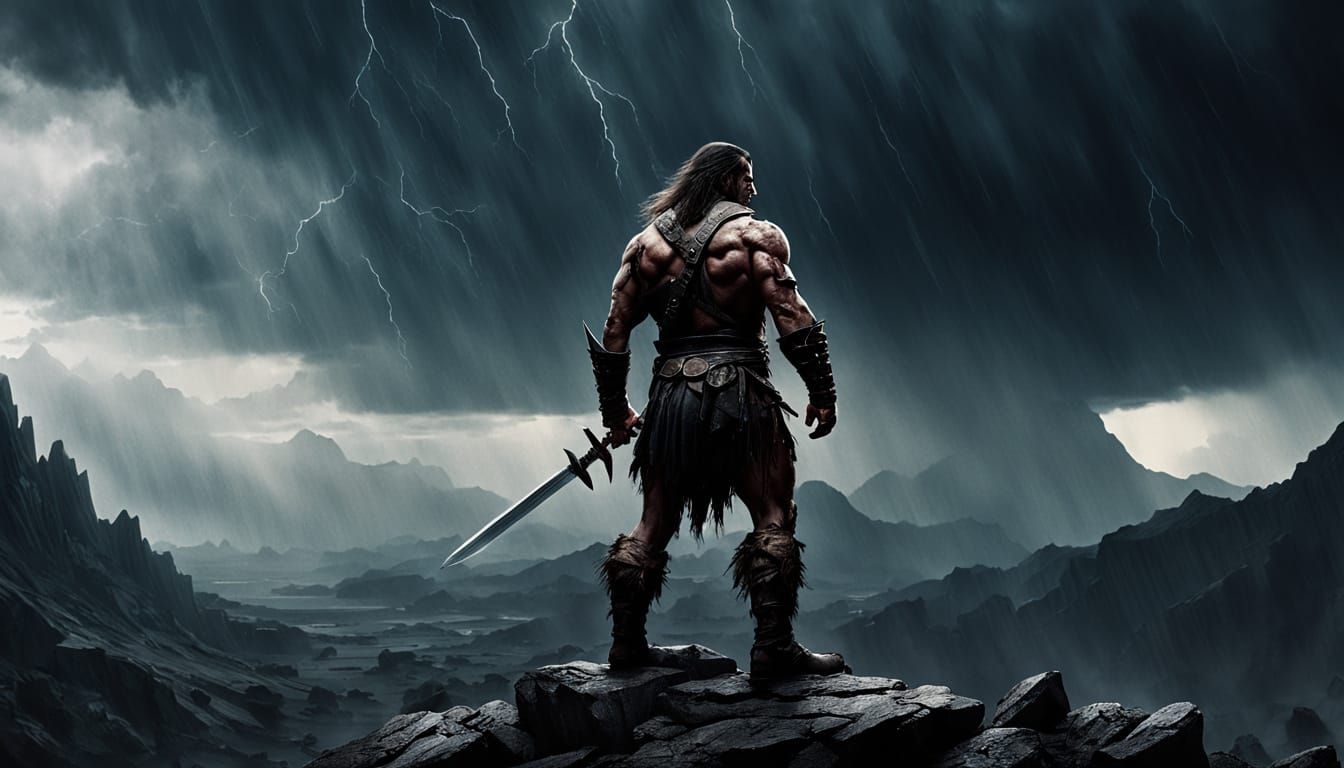 Barbarian Warrior Silhouetted Against Stormy Mountain Range