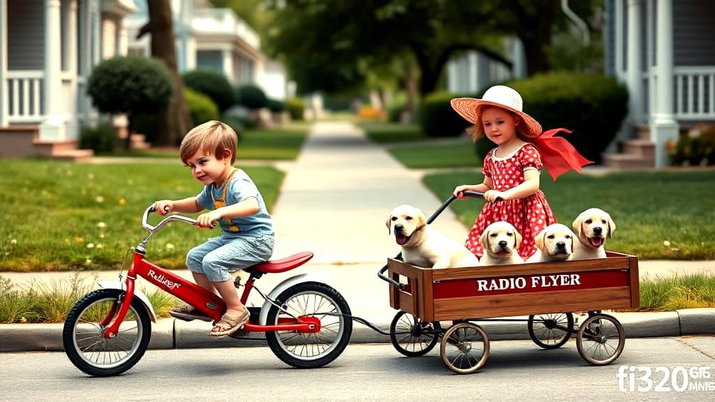 Whimsical Old-Fashioned Scene with Boy, Girl, and Puppies