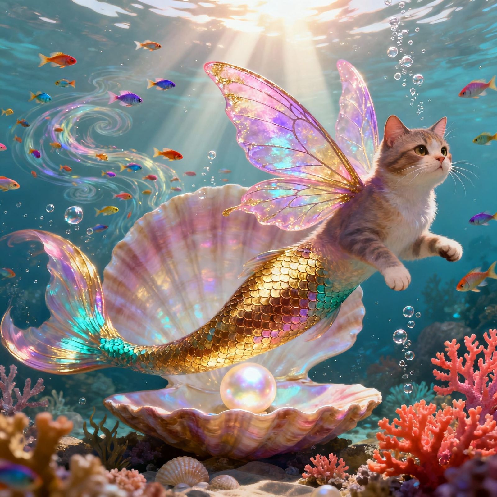 Cat Mermaid with Iridescent Fairy Wings and Shimmering Tail