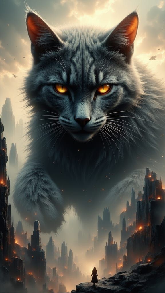 Majestic Giant Cat Overlooking Cityscape