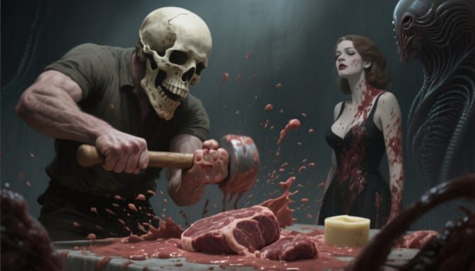 Grotesque Pudding Making Scene with Skull Man