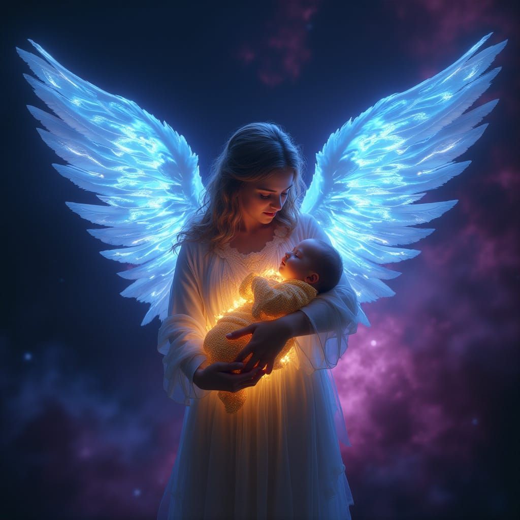 Ethereal Neon Angel With Glowing Wings Holds Baby in Cosmic ...