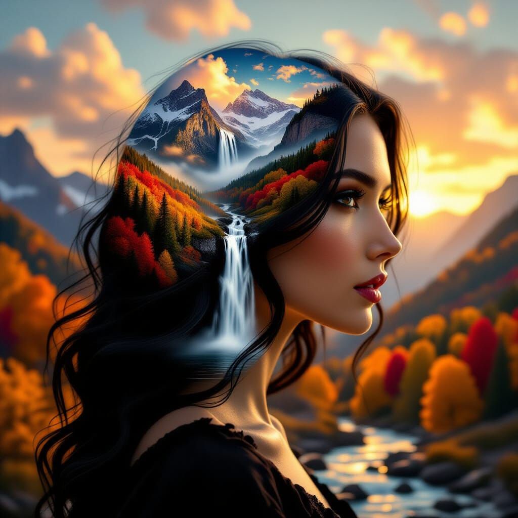 Surreal Portrait of Woman With Waterfall Head